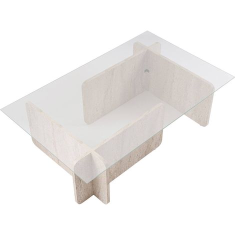 Dmora - Tavolino da salotto Rhysand, Tavolo basso da caffè, Portariviste per divano, Ripiano da soggiorno, 105x65 h30 cm, Beige e Marmo (1/5)