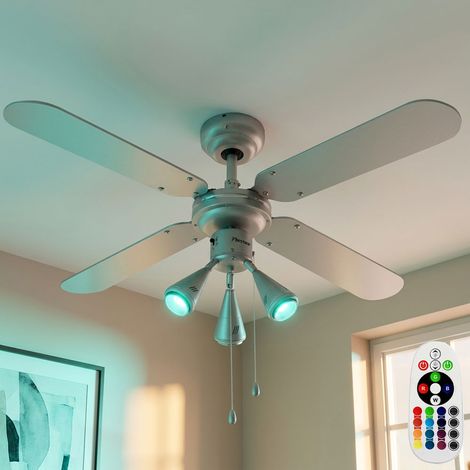 RGB LED Deckenventilator Zugschalter Ventilator Vor-Rücklauf Lüfter wendbare Flügel, Spots beweglich, Fernbedienung dimmbar, 3x 4,8W 420Lm warmweiß, D 102 cm (1/5)