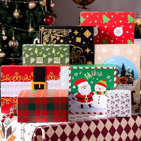 12 boîtes cadeaux de Noël assorties, 4 tailles et 12 motifs de Noël différents, avec couvercles, fond et étiquettes pour emballage cadeau et décoration. (1/4)