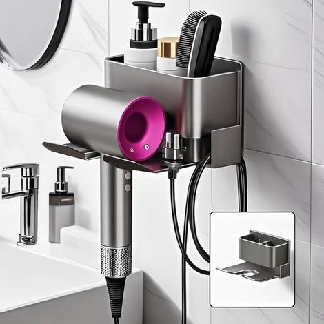 Soporte para secador de pelo sin taladrar，Aluminio autoadhesivo con gestión de cables，Soporte para secador de pelo para baño y peluquería (1/5)