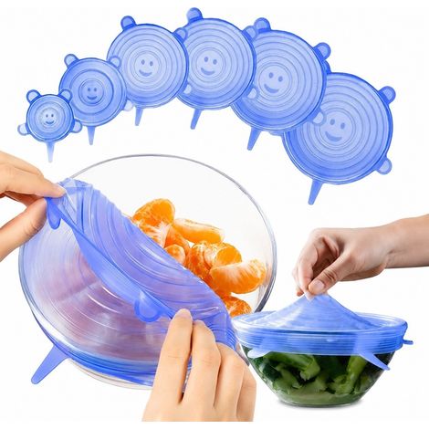 Couvercles en silicone pour bols, bleus, lot de 6, réutilisables, flexibles et compatibles lave-vaisselle (1/5)