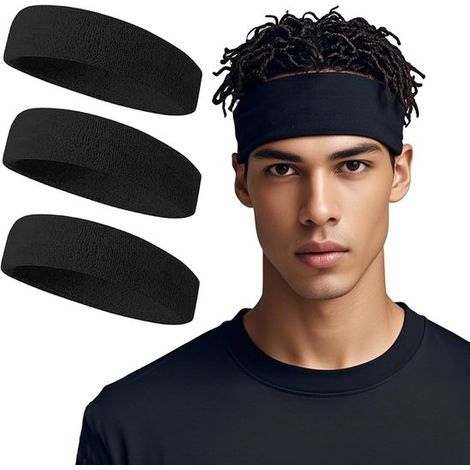 Paquete de 3 cintas para el sudor y diademas deportivas de tela de rizo (negras), cintas para la cabeza deportivas que absorben la humedad. (1/5)