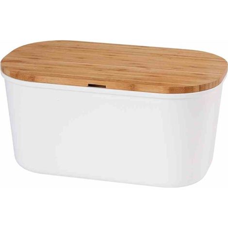 Boite à pain en plastique avec couvercle en bambou - Blanc/Marron - L 37 x H 21,5 cm - Livraison gratuite (1/3)