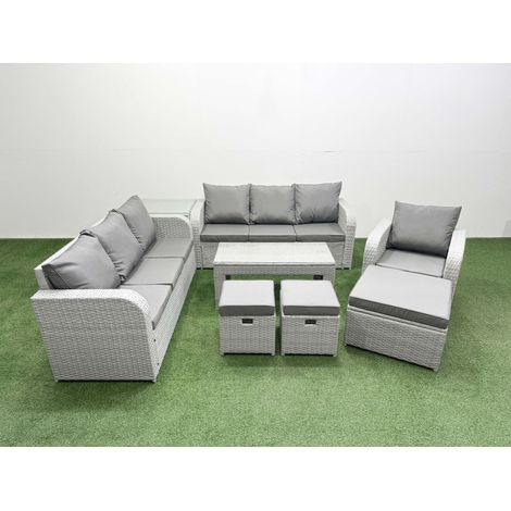 Fimous 10 Seater Poly Rattan Outdoor Garden Furniture Oblong Coffee Table Sofa Set Patio 3 Seater Sofa Reclining Chair 3 Seater Sofa 3 Stools Side Table Light Grey (1/4)