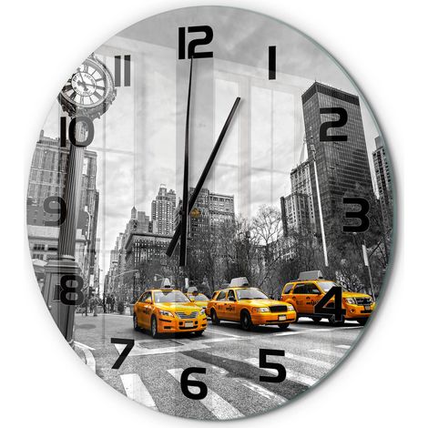 Horloge Murale Ronde Moderne Décorative Verre Trempé Élégante Salon Taxis de New York fi 60 cm (1/5)
