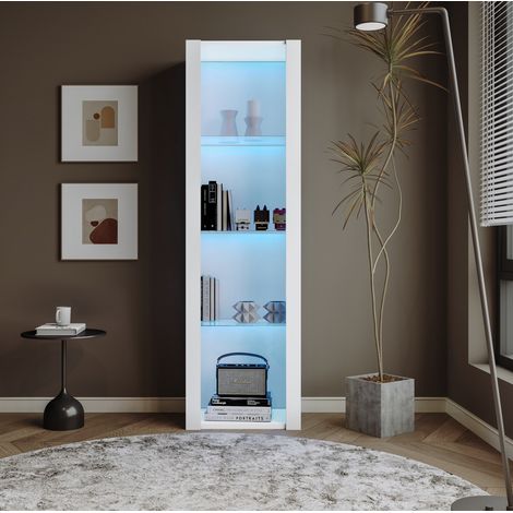 Vetrina 55x38x166 cm bianca in truciolato lucido con LED e 3 ripiani in vetro (1/5)