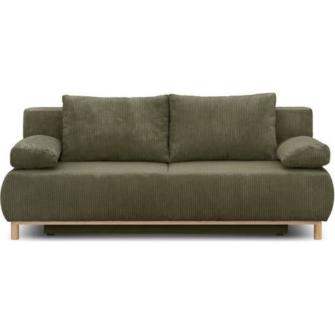 Banquette convertible 3 places MIKA - Velours côtelé vert kaki - Coffre de rangement - L 192 x H 84 x P 93 cm (1/6)
