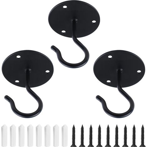 Lot de 3 crochets de plafond robustes à visser pour suspendre des plantes, lustres et décoration d'intérieur (noir) (1/5)