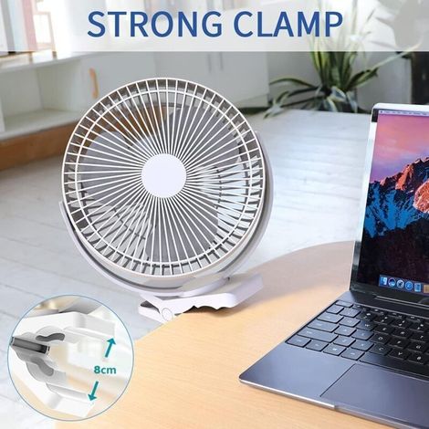 Ventilateur à pince portable USB de 20 cm, alimenté par batterie 10 000 mAh, 4 vitesses, flux d'air puissant, pince stable pour une utilisation personnelle, au bureau, en voiturette de golf, en voyage