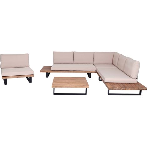 Set di mobili da giardino con poltrona set lounge con divano e tavolo in legno di acacia marrone chiaro e alluminio con cuscini beige 040010287