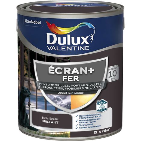 ECRAN+ FER BRILLANT - Peinture pour fer intérieur/extérieur - Grilles, portails, volets, ferroneries, mobiliers de jardin - Bois Brûlé 2 L - Dulux Valentine