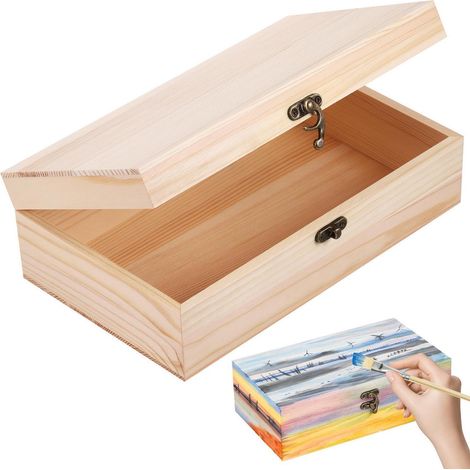 Holzkiste mit Deckel 25x15x8cm Kiefernholz, Erinnerungsbox Baby, DIY Schatztruhe mit Messingschloss