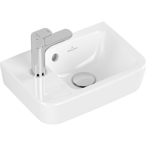 Villeroy & Boch – Pack lave-mains céramique 36 cm avec robinet eau froide – Bonde clic-clac chromée – Siphon design – Kit de fixation inclus