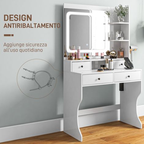 Table de Maquillage Lumineuse LED 3 Teintes avec Miroir, 4 Tiroirs et Rangements, 90x45x160 cm, Blanche, Prises USB Incluses (1/5)