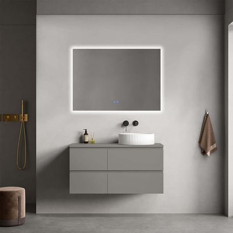 Mobile bagno sospeso reversibile 100 cm Grigio Londra per Lavabo d'appoggio Specchio Quadro Retroilluminato - Fiji Paint Top