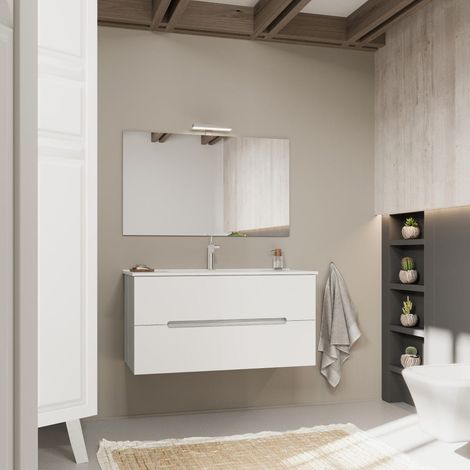 Möbel Set Mit Zwei Auszügen, Waschtisch In Weisser Keramik Und Spiegel Magnolia