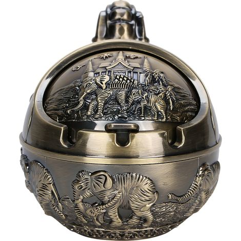 Cendrier Coupe-Vent - Alliage De Zinc - Style Rétro Avec Couvercle Et Relief Éléphant - Pour Intérieur Maison Bureau Hôtel - 1 Pièce