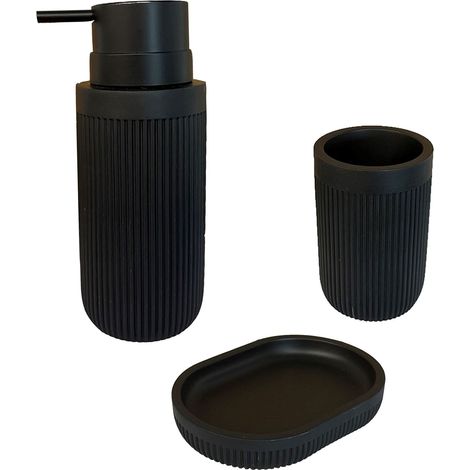 Accessori da bagno Relaxdays, set 3 pz, dispenser per sapone, ciotola, bicchiere, poliresina, nero