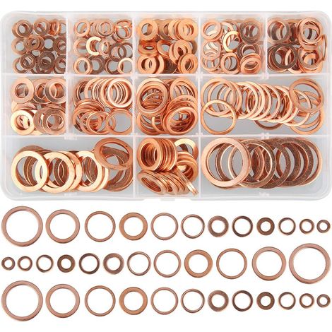 Lot de 300 rondelles plates en cuivre pour voiture Lot de rondelles d'étanchéité en métal avec boîte de rangement pour bouchon de vidange d'huile de frein moteur bateau 1,5 mm (1/5)