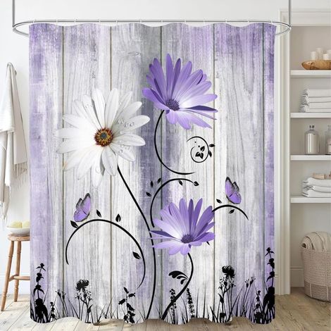 Cortina de ducha con estampado de margaritas blancas, grises y moradas, impermeable, confeccionada en tela con estampado floral rústico en acuarela, con 12 ganchos, 180 cm x 180 cm (72 x 72 pulgadas). (1/5)