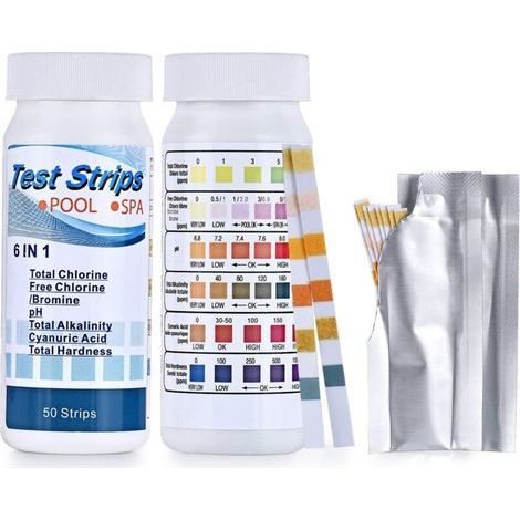 Swimming Pool Water Analysis, 2 Pack 6 IN 1 Test Strips for Swimming Pools and Spas, Water Test Strips for Chlorine/Free Chlorine/pH/Alkalinity/Cyanuric Acid/Liquid Hardness, 100 Pieces (1/5)