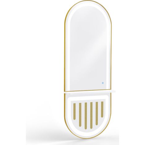 BarberPub Wandspiegel mit Beleuchtung, Ganzkörperspiegel mit Aluminiumrahmen, Spiegel Groß mit Ablage, Touch-Schalter, 3 Lichtfarben Dimmbar, J6257 (Weiß-Gold)