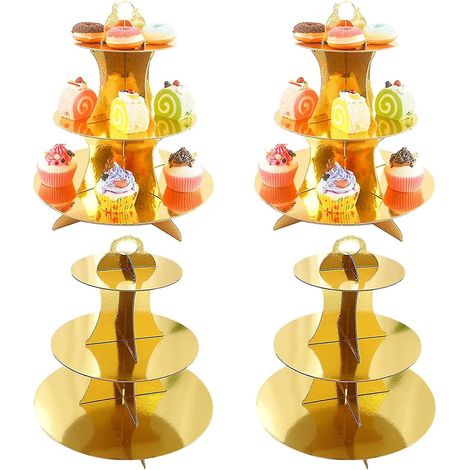 Présentoirs à cupcakes ronds en carton (lot de 4), présentoir doré à 3 étages pour mariage, anniversaire, remise de diplômes (1/4)