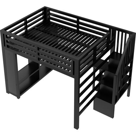 Metall-Hochbett Gaming 160x200 cm mit Schreibtisch, LED, Kleiderschrank und Treppe, Schwarz (1/5)