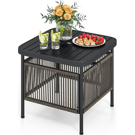 COSTWAY Outdoor PE Rattan Side Table Patio End Table w/5CM Umbrella Hole-Black (1/5)