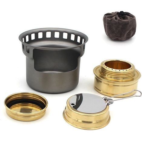 Réchaud à alcool portable, petit modèle en alliage d'aluminium et laiton, coupe-vent, pour camping et pique-nique, gris. (1/2)