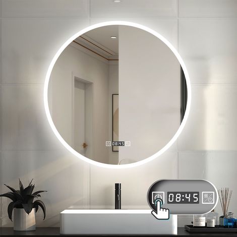LED Spiegel Badspiegel mit Beleuchtung Badezimmer Spiegel Rund mit Beschlagfrei 3 Lichtfarbe dimmbar 3000k-6000k Wandspiegel mit Touchschalter 60x60cm + Uhr + Speicherfunktion (1/5)