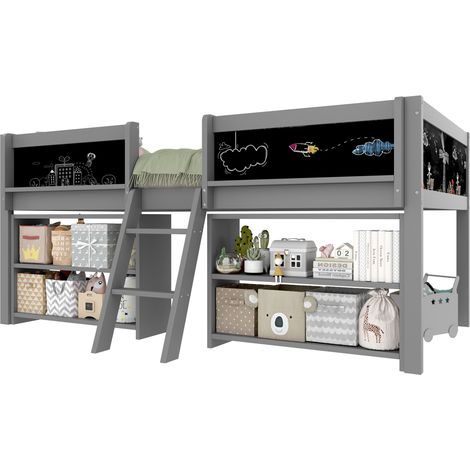 Lit mi-hauteur 90 x 200 cm avec rangements, échelle, garde-corps et tableau à dessin, en bois de pin et MDF, style minimaliste gris, pour chambre d'enfant - CHICFURN (1/5)