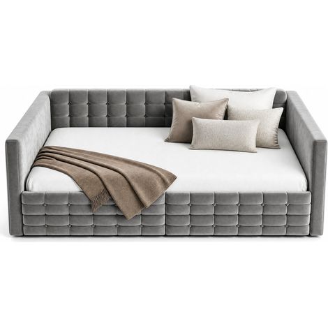 Letto imbottito 140x190 con testiera capitonné, tasche laterali e 2 cassetti, rivestimento in velluto grigio, struttura stabile, CHICFURN (1/5)