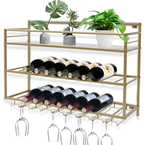 Wandmontage Weinregal, Gold Metall Flaschenregal mit Weingläser Rack Weinflaschenregale für Küche Esszimmer Bar-Hält (1/5)