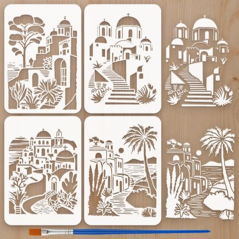 4Pcs Pochoir Architecture de Santorin Avec Pinceau 21x29.7cm 4 Styles Pochoirs de Peinture Ville de Style Santorin Modèle de Thème Architecture pour Peindre sur Meubles Muraux Bois (1/5)