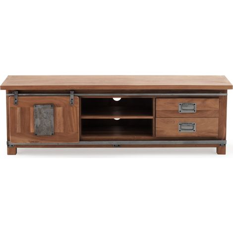 TV-Möbel mit einer Schiebetür und zwei Schubladen aus massivem, recyceltem Akazienholz mit Holzbeinen (1/5)