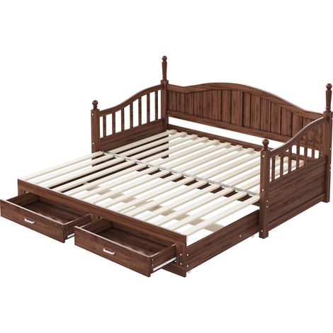 Canapé-lit gigogne en bois massif 90/180190 cm, avec colonnes romaines, dossier incurvé et accoudoirs, avec tiroirs et sommier à lattes, lit multifonction en pin, noyer