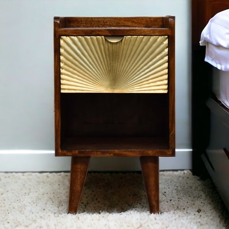 Mini Manila Gold en bois massif, table de chevet à 1 tiroir, 1 étagère, marron