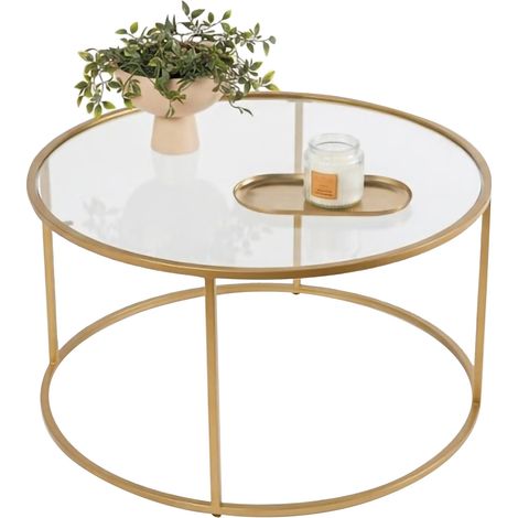 Mesa de Salón Moena, Redonda, Cristal Transparente, 80x80x43h cm, Dorado