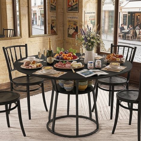 Table à manger ronde Ø120cm Table de cuisine industrielle avec étagère robuste MDF et métal pour salon - Noir (1/5)