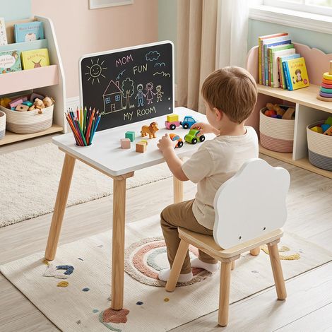 Bois de pin massif, table et chaise enfant avec tableau noir, pour dessin et repas (1/5)