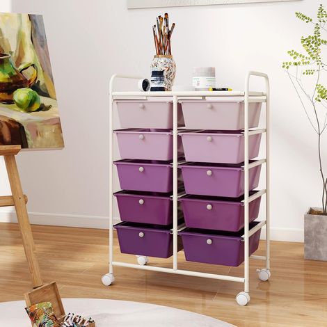GOPLUS Chariot à roulettes avec 10 Tiroirs, Chariot de Rangement à 4 roulettes, 2 avec Frein, Cadre en Fer & Tiroirs en Plastique pour Chambre, Bureau (Violet) (1/5)