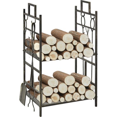 Porte-bois métallique 4 outils poignées intérieur extérieur or noir 51,5x33x77 cm (1/5)