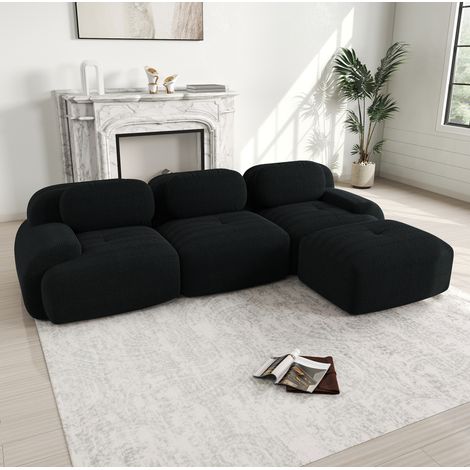 Canapé d'angle 3 places en velours côtelé – Canapé modulable – 32D haute élasticité – Accoudoir ergonomiques – Noir – Sans assemblage (1/5)