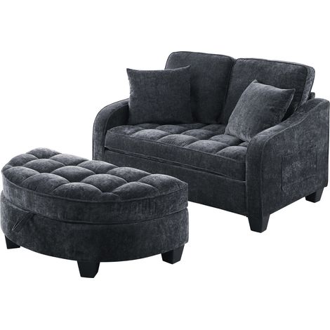 Sofá cama multifuncional 2 en 1 con puf de almacenaje, tejido transpirable, eucalipto, negro (1/5)