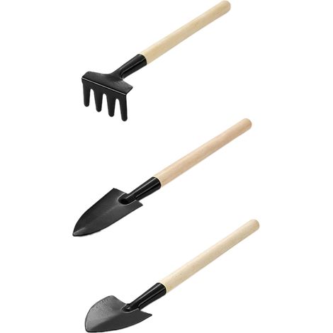 Set mit 3 Miniatur-Gartengeräten: Schaufel, Rechen und Pflanzkelle mit Holzgriff für einfaches Pflanzen (1/5)