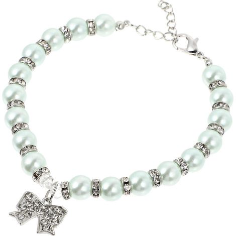 Collar para mascotas de aleación con lazo y perlas para un estilo elegante en color azul. (1/5)