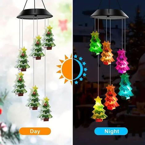 Luci a stringa a energia solare con campanelli a vento, design colorato ad albero di Natale, decorazione esterna impermeabile per giardino, balcone e terrazzo - Crezuo