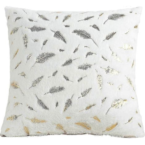 Lot de 2 housses de coussin blanches 40x40cm, en peluche à motif plumes, ultra douces et compatibles avec la décoration de canapés et lits de chambre. (1/3)