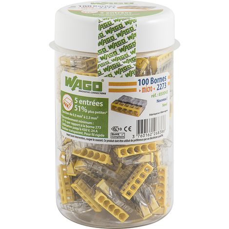 Wago – Pot de 100 mini bornes de connexion automatique 5 entrées – PUSH WIRE® pour câbles 0.5 à 2.5 mm² – Tension 450V – Courant 24A (1/4)